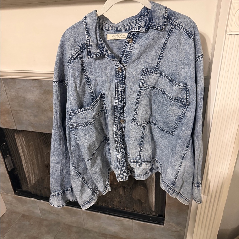 We The Free Light Blue Acid-Wash Denim Shirt